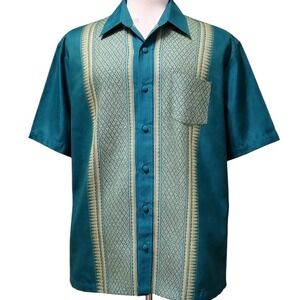 Men's Shirt Short Sleev Thai Silk Traditional Straight Collar XXL Teal Blue/Gold